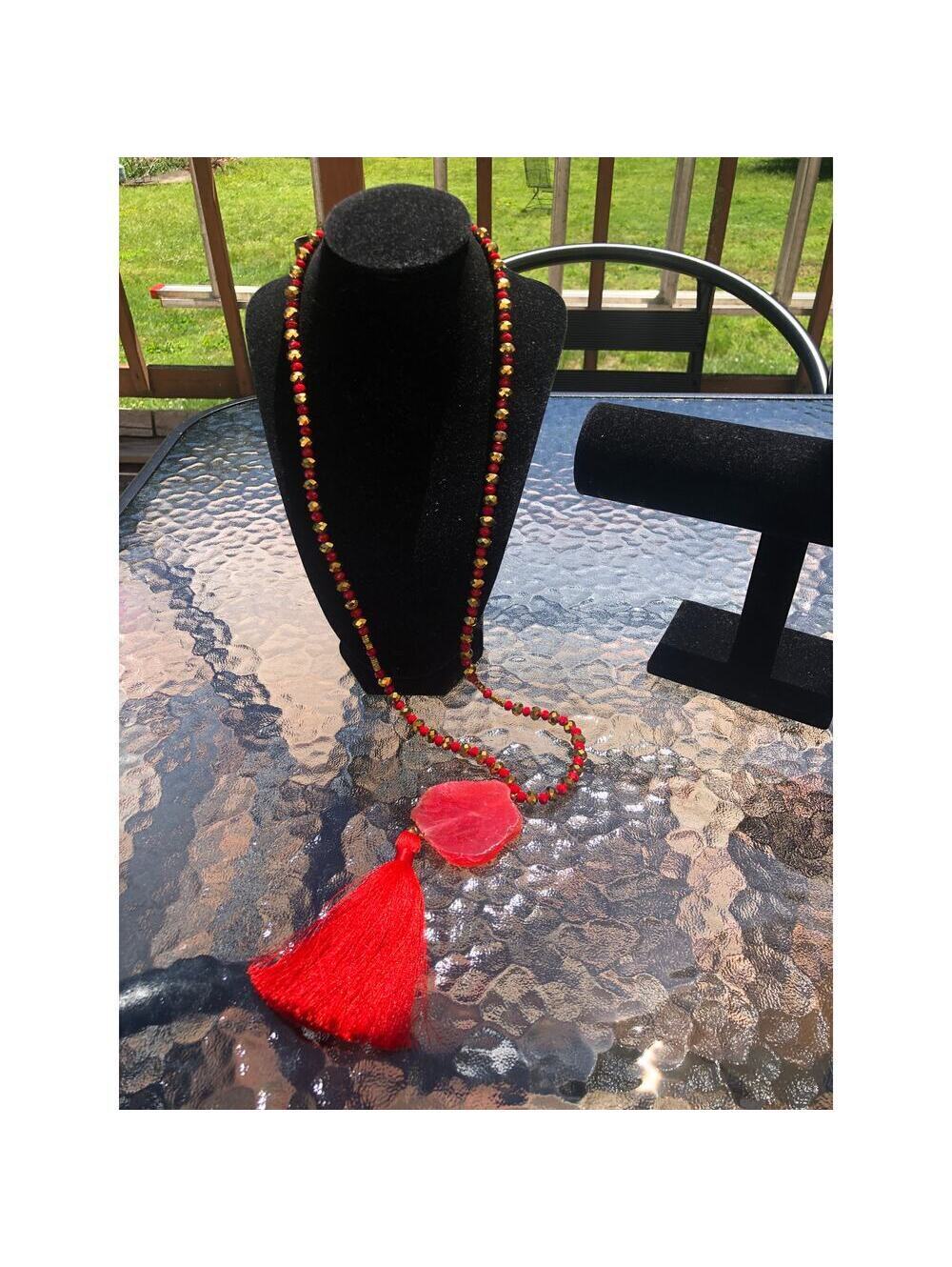 Kaptiva Women's Vintage Red Gold Beaded Necklace with Tassel